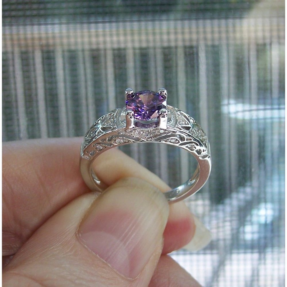 925 STERLING SILVER Round Cut Simulated Amethyst Cubic Zirconia Ring - Picture 7 of 16